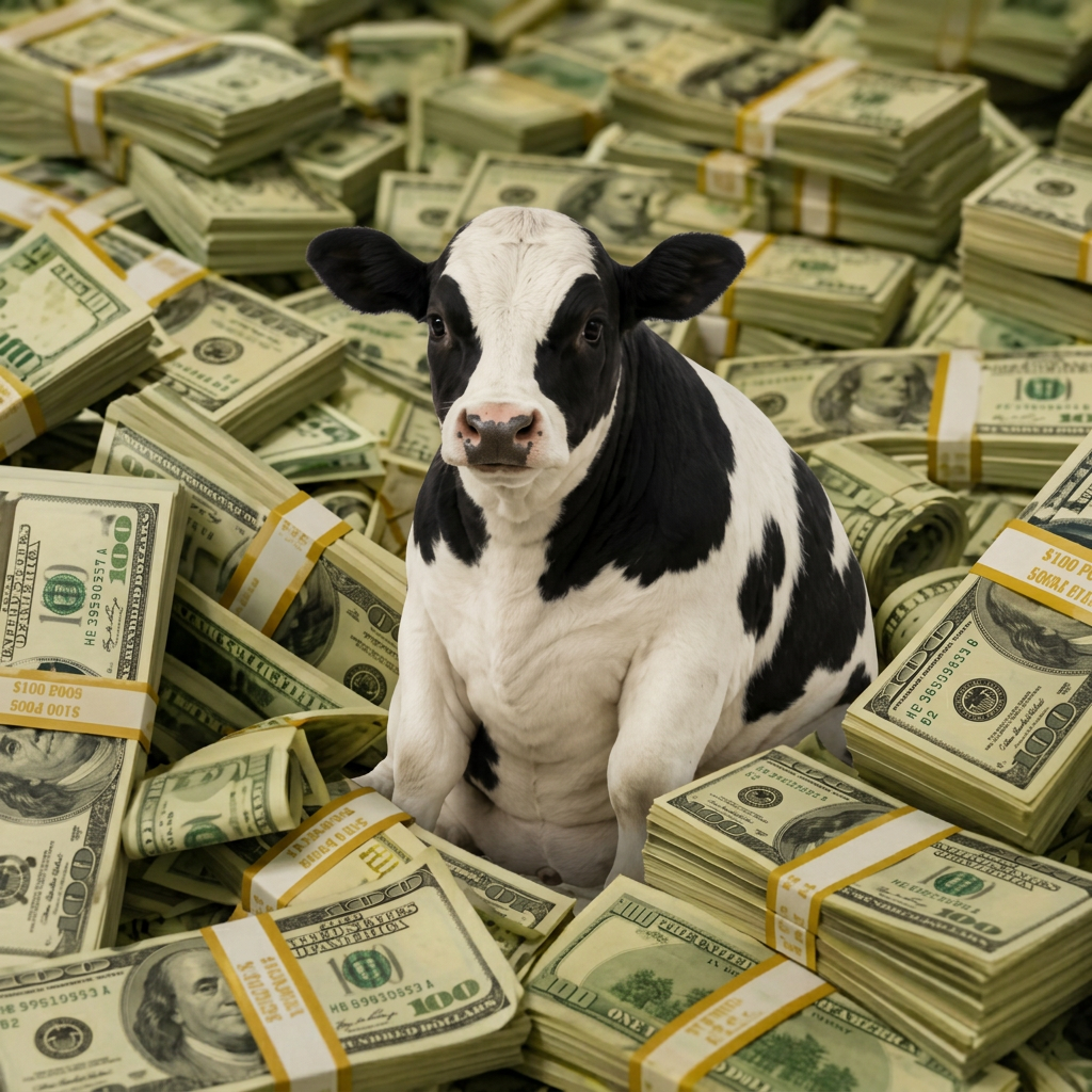 Cow on money pile